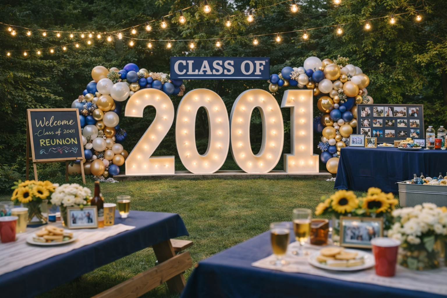 Graduation party setup with 'Class of 2001' sign, balloons, and tables outdoors.