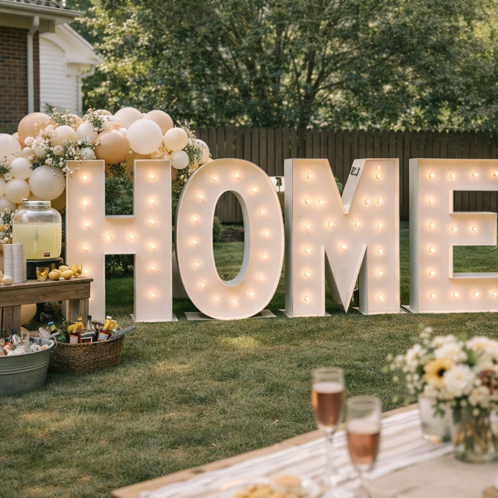 Decorative setup with 'HOME' sign, balloons, and outdoor table setting.