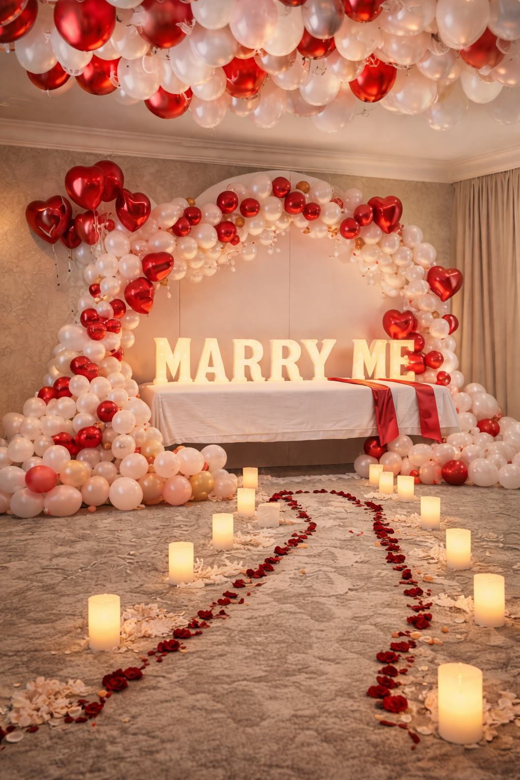 Romantic setup with balloons, 'MARRY ME' sign, candles, and rose petals on a bed.